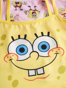 SpongeBob SquarePants | SHEIN Conjunto de 2 piezas de top de tirantes y shorts tipo bóxer con gráficos de dibujos animados lindos para niña - Amarillo - Ver 11