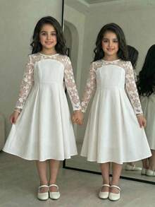 SHEIN 少女优雅公主风圆领大蝴蝶结装饰网纱刺绣3D花朵拼接纯色长袖连衣裙，白色，适合婚礼、花童、派对等场合 - 白色 - 查看 5