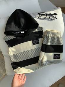 SHEIN 2pcs/Set Baby Boy Summer Casual Cute Versatile Knit Black & White Striped Letter Print Hooded Top And Elastic Waist Shorts Set - Multicolor - View 5