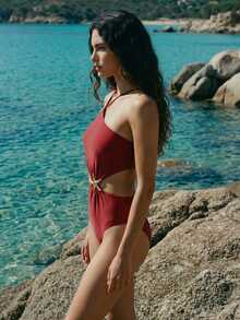 Maija Women's Solid Color Ruched Metal Decor Connecting Design Casual Vacation One-Piece Swimsuit Red Swimming,Summer Vacation - Burgundy - View 4