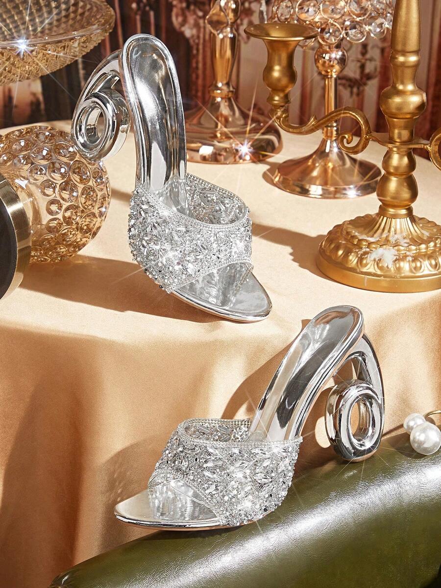 CUCCOO TILAWA Ladies Luxury Elegant Rhinestone High Heels, Rhinestone High-Heeled Sandals, Showing Elegance, Fashionable And Versatile Styles, Comfortable And Durable High-Heeled Women's Shoes, Shiny Rhinestone Decorative Sandals. Summer - Silver - View 1