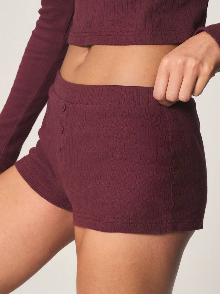 MISSGUIDED Burgundy Ribbed Button Front Long Sleeve Crop Top And Matching Shorts Two Piece Set For Fall Winter Loungewear Casual Coordinated Outfit