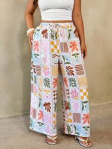 Auralis Plus Size Women's Satin Pants,White,Autumn,Boho,Beach,Holiday,Patchwork Art Printed Crepe Fabric,Drawstring Elastic Waist Straight Leg Casual Pants - Multicolor - View 6