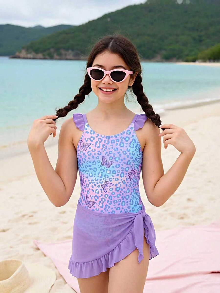 Tween Girls' Leopard & Butterfly Print Beach Vacation Swimsuit 2 Pieces Set - Multicolor - View 1