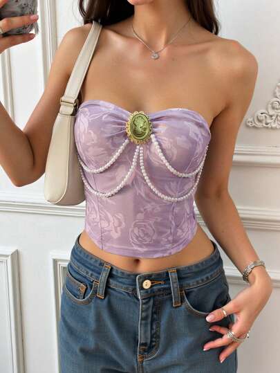 INAWLY Women's Faux Pearl Chain Decor Floral Print Bandeau Fashionable Top