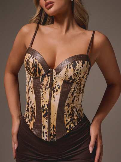 MISSGUIDED Krokodilleder-Muster Bustier Korsett Top mit Herzausschnitt, verstellbare Träger, strukturierter Oberkörper für Valentinstag Nacht Party Abend