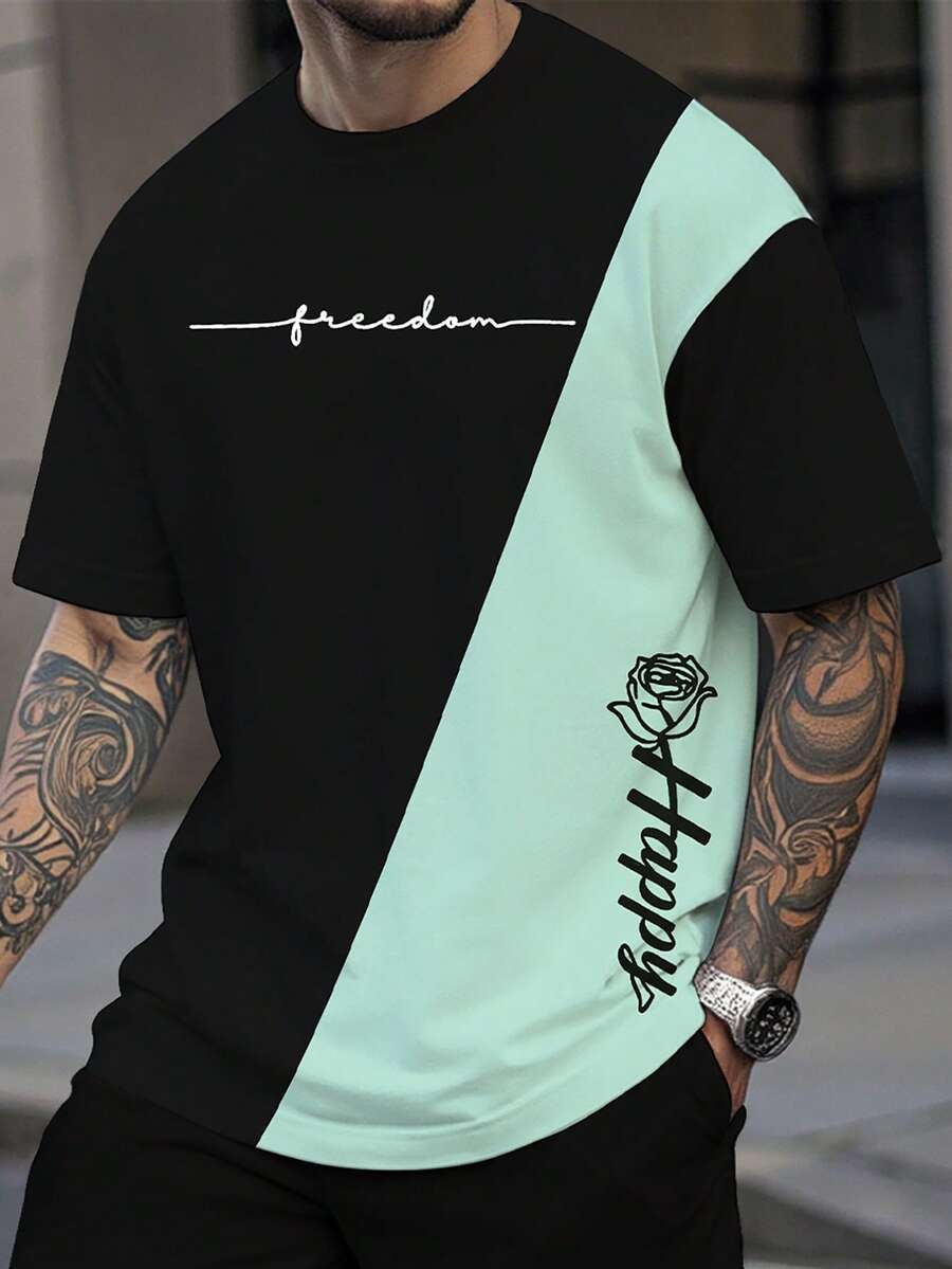 Manfinity LEGND Loose Fit Colorblock Men's Letter & Rose Print T-Shirt - Baby Blue - View 1