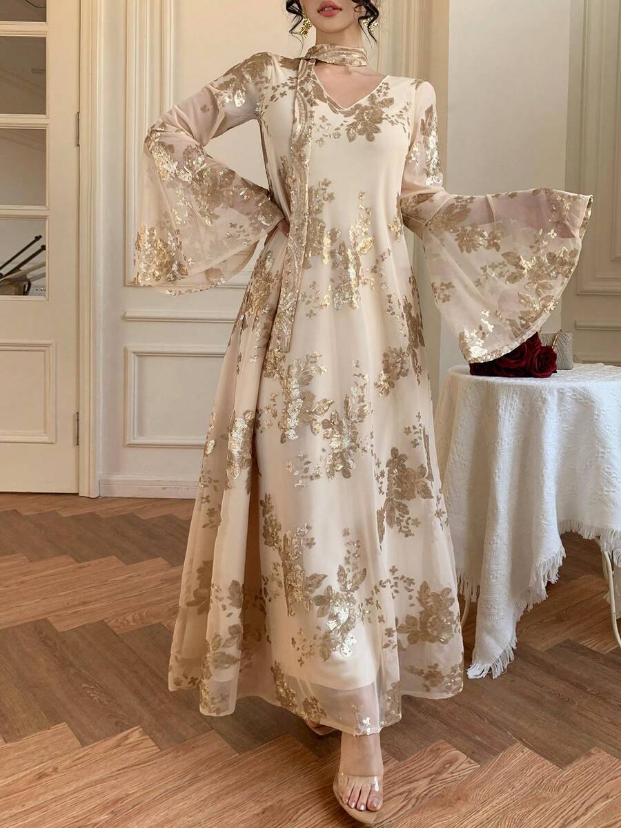 DAZY 春夏金色亮片碎花蕾丝连衣裙，优雅百搭，适合情人节、婚礼、派对、正式场合、时尚穿搭、通勤穿着，喇叭袖，腰部系带，长款半身裙，长袖女士中长连衣裙 - 杏色 - 查看 1