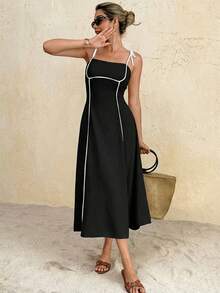 SHEIN Frenchy 女士撞色滚边无袖修身中长连衣裙，夏季时尚之选 - 黑色 - 查看 3