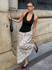 Siren Gaze 黑色/格子不对称吊带休闲沙滩度假连衣裙，女士夏季款 - 彩色 - 查看 5