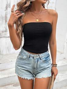 Sylviya Áo ống nữ bằng cotton gân, kiểu dáng ôm sát thoải mái, thích hợp cho mùa hè và kỳ nghỉ. - màu đen - Xem 7