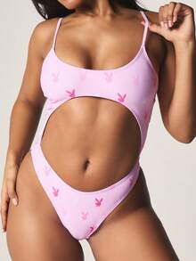 Missguided x Playboy 兔子印花镂空连体泳衣，圆领设计，适合夏季海滩度假、泳池派对、海滩休闲和夏季假期穿着。 - 彩色 - 查看 2