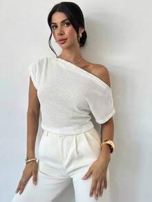 Firerie Áo thun nữ tay cánh dơi bất đối xứng, họa tiết kẻ sọc, thích hợp cho mùa xuân, hè, thu, đi làm, thanh lịch, thường ngày, công sở. - trắng - Xem 3