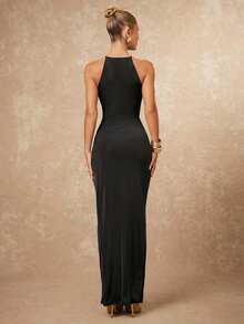 Lumalex Elegant Black Sleeveless Ruched Maxi Dress For Women Fitted Round Neck Knitted Fabric Asymmetrical Hem Classy Black Dress - Black - View 2