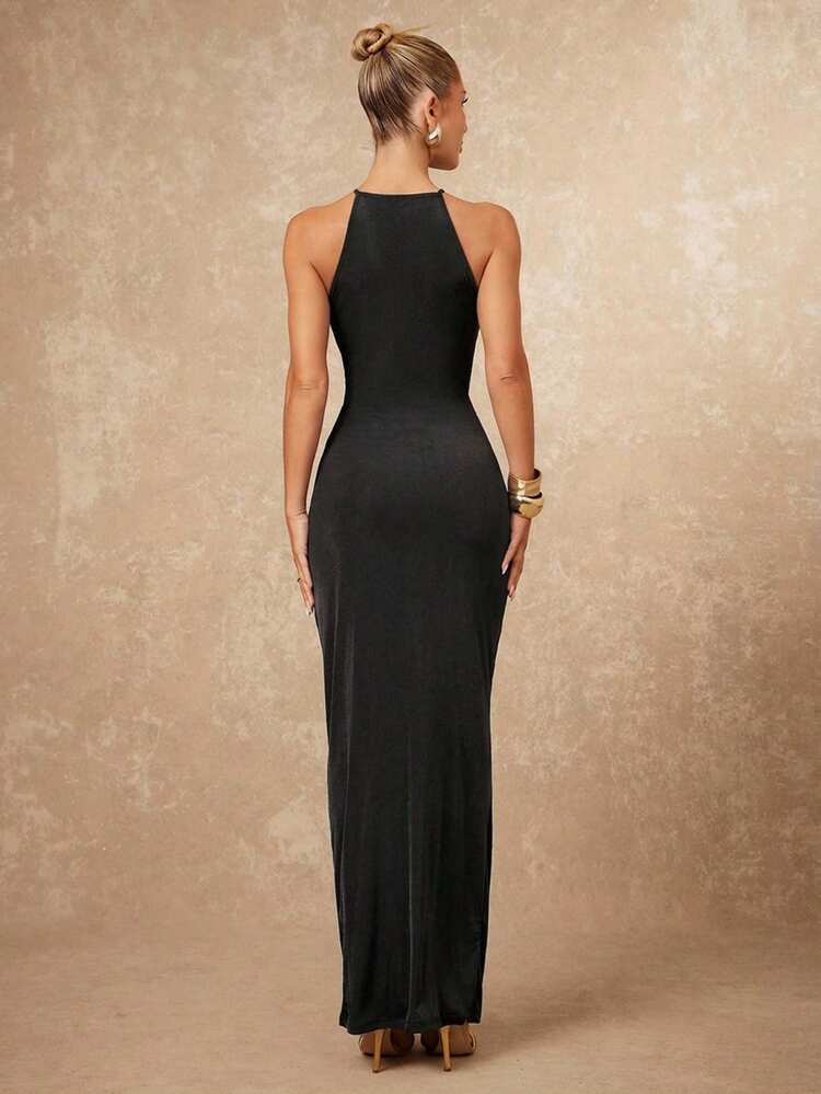 Vestido ajustado con cuello redondo, fruncido y decoración metálica cruzada para mujeres - Negro - Añade 2