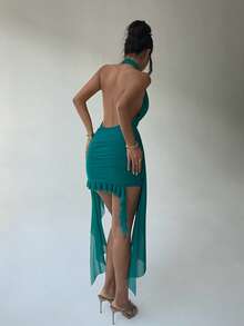 Aloruh Spring/Summer New Sexy Party Music Festival Wedding Season Beach Vacation Wedding Season Green Mesh Deep Draped Neck Backless Fitted Asymmetrical Ruffle Hem Mini Dress, St. Patrick's Day Dress, Boho Music Festival Dress - Green - View 11