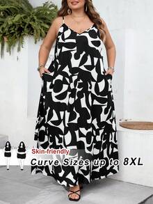 SHEIN CURVE+ Geometric Print, Long Slip Dress Suitable For Everyday Casual Wear Long Dress Summer Women - Black and White - View 9