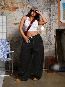 SHEIN ICON Quần jeans ống rộng dáng suông thời trang thường ngày cho nữ cỡ lớn, thêu chữ, đường chỉ tương phản, thích hợp cho việc đi làm hàng ngày. - màu đen - Xem 4