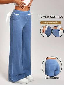 Flexra Plus Size Solid Color High Stretch Casual Straight Leg Versatile Daily Jeans - Blue - View 1