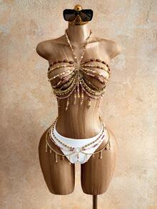 Mistrie 女士夏季沙滩串珠吊带性感比基尼泳衣套装 - 棕色 - 查看 2