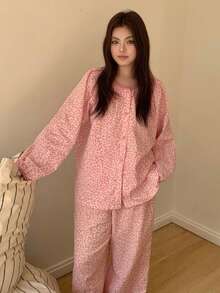 Dazy Plus 大码女式印花圆领长袖上衣和阔腿裤休闲家居服套装 - 粉色 - 查看 8