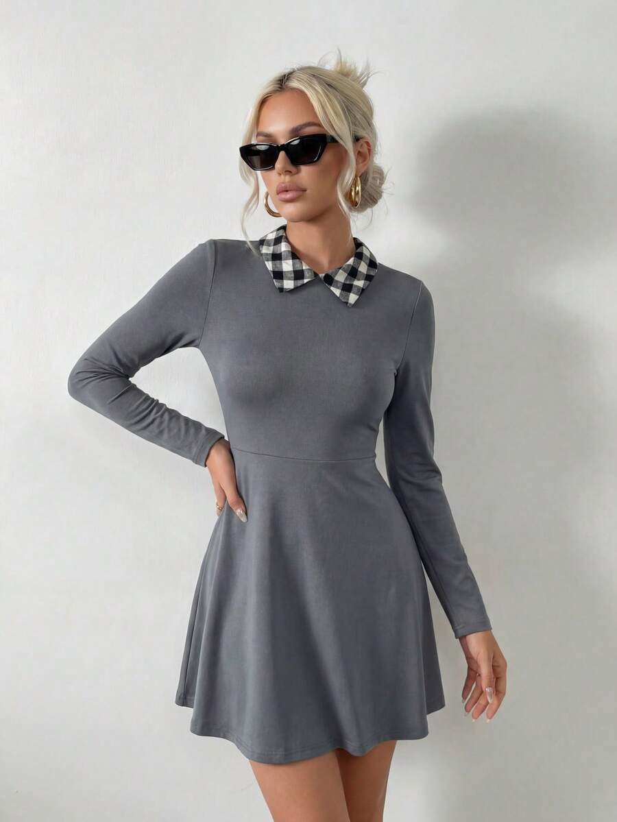 Ritzy Row Women's Plaid Splice Crew Neck Short Knit Dress - Grey - View 1