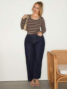 Arliah Camiseta ajustada de manga larga y cuello redondo casual a rayas para mujer - Marrón - Ver 5