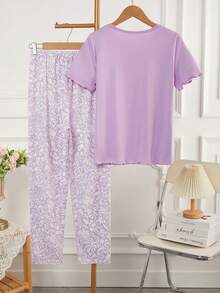 女童碎花针织短袖上衣和裤子休闲家居服套装，春夏款 - 淡紫色 - 查看 2
