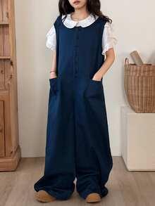 DAZY Tween Girl Button Half Placket Pocket Wide Leg Casual Denim Jumpsuit - Blue - View 3