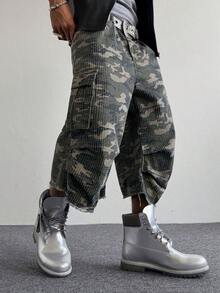 PAVTROS Men's Casual Street Style Multi-Pocket Crochet Camouflage Denim Shorts - Army Green - View 5