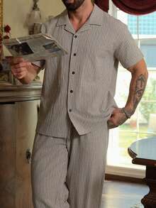 DAZY Conjunto de pijama casual de camisa de manga corta y pantalones para hombre, beige, para verano - Beis - Ver 8