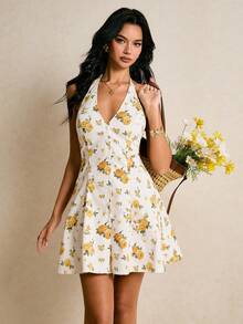 Poéselle Robe dos nu à col ras-du-cou avec imprimé floral sexy et élégante, convient pour les vacances d'été - Jaune citron - Voir 4
