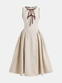 Firerie Kids 少女新款圆领镂空撞色系带腰侧荷叶边下摆无袖褶皱连衣裙，后背拉链，时尚、年轻、优雅、百搭，收腰设计，适合春、夏、秋、冬四季穿着。 - 杏色 - 查看 6