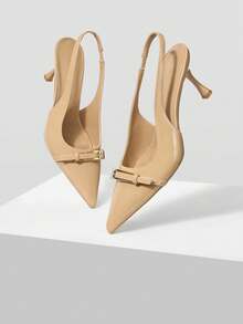 Mnmlis Sandalias de tacón alto elegantes y de moda con diseño de hebilla y punta puntiaguda sin respaldo para mujer - Caqui - Ver 2