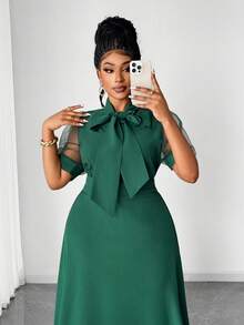 Women's Spring, Summer, And Autumn Net Puff-Sleeve Elegant Fitting Green Large A-Line Vacation Outfit Simple Commute Daily Wear Date Outfit Fashion Design Stylish New Essential Plus-Size Long Leisure Dress - Green - View 4