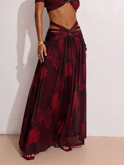 SHEIN BAE Women's Casual Vacation Floral Print Metal Decor Irregular Waist Design Skirt, Suitable For Casual Vacation, Valentine's Day, Music Festival, Sisterly Gathering, Red-Brown Skirt, Beach Vacation, Printed Skirt