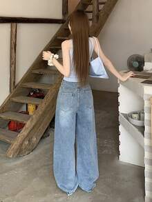 FRIFUL 女士宽松版型带口袋阔腿休闲牛仔裤 - 藍色 - 查看 7