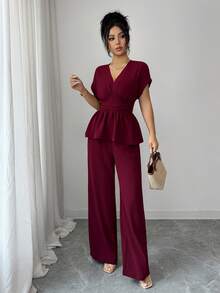 Elenzga New V-Neck Tie-Waist Batwing Sleeve Casual Blouse + Loose Palazzo Pants With Side Pockets Women's 2-Piece Vacation Outfit, Spring/Summer Wide Leg Pants Set Elegant Vacation 2-Piece Set Two Piece Set Women Elegant 2 Piece Sets Woman Classy Designed Specifically For Women, It Exudes An Elegant Style. The Lace-Edged Dress Is A European-Style Summer Top With A Cute Design That Transcends Age Boundaries. Elegant, Vacation, Casual, Graduation Season Outfits, Fashionable Casual Commuting Wear, Business - Burgundy - View 4