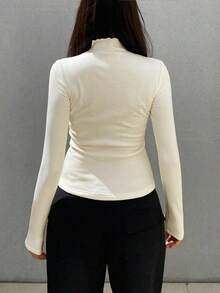 DAZY 女士休闲纯色立领保暖内衬 T 恤，秋冬长袖女上衣，秋季女装 - 米色 - 查看 5