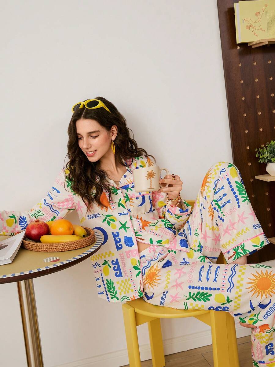 Women's Single-Breasted Starfish & Shell Print Long Sleeve Top And Wide Leg Pants Casual Loungewear Set - Multicolor - View 1