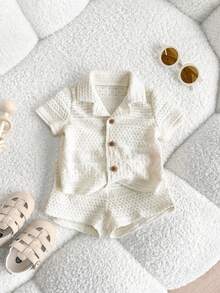 SHEIN 新生男宝宝休闲可爱度假简约杏色短袖衬衫短裤套装 - 米色 - 查看 3