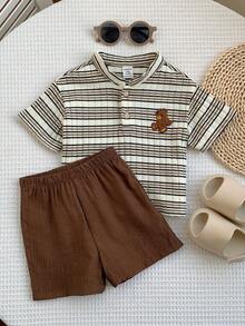 SHEIN 2pcs Baby Boy Summer Cute Casual Striped Collar Short Sleeve Shirt And Elastic Waist Shorts Set, Suitable For Birthday Party, Rave, Evening Party, Performance, Wedding, Baby Shower And 1st Birthday Celebration Brown Toddler Boy Outfit Boys Vacation Outfit Sets Boy Summer Outfit Set - Multicolor - View 8