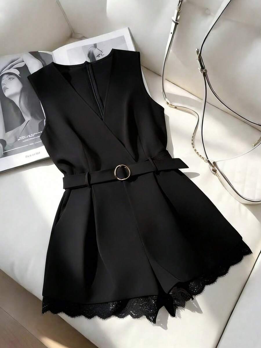 GlowEve V-Neck Metal Button Accent Casual Patchwork Lace Jumpsuit - Black - View 1