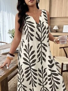 Weeklong Đầm chữ A mini cổ chữ V dáng rộng, họa tiết lá cây, đính cúc, dành cho nữ cỡ lớn, thích hợp mặc hàng ngày và đi nghỉ mát, mùa xuân/hè. - Nhiều màu - Xem 3