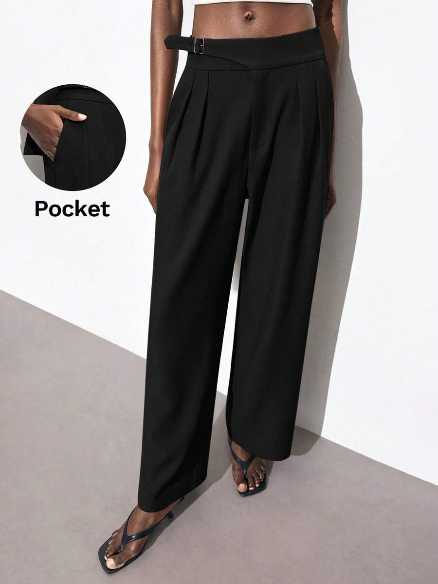 Maija 2025秋冬新款黑色腰部金属扣可调节褶皱女士西装裤，时尚优雅，适合派对和都市通勤。 - 黑色 - 查看 1