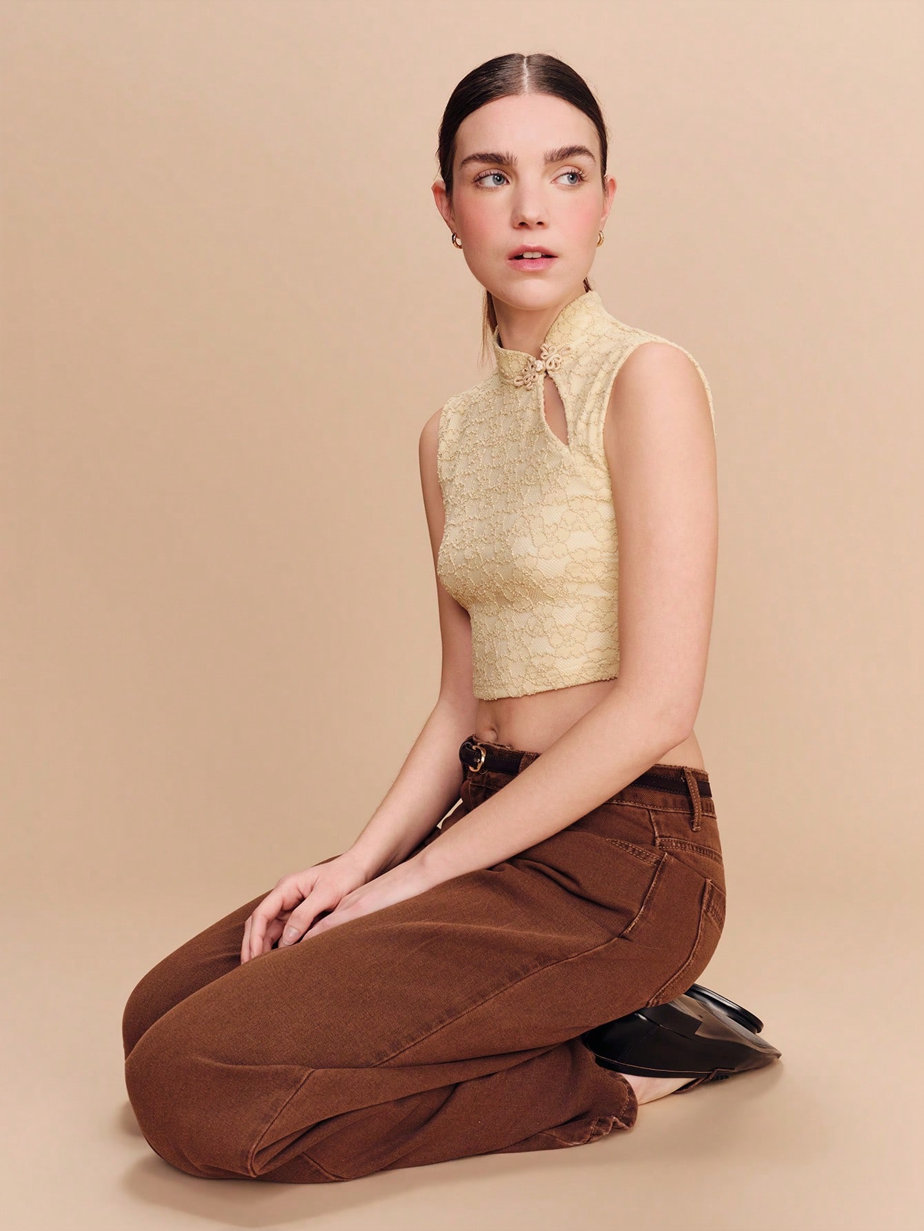 Lace Cropped High-Neck Top With Frog Closure Lunar New Year Outfits Going Out Spring Summer Butter Yellow Cute Top Elegant Top