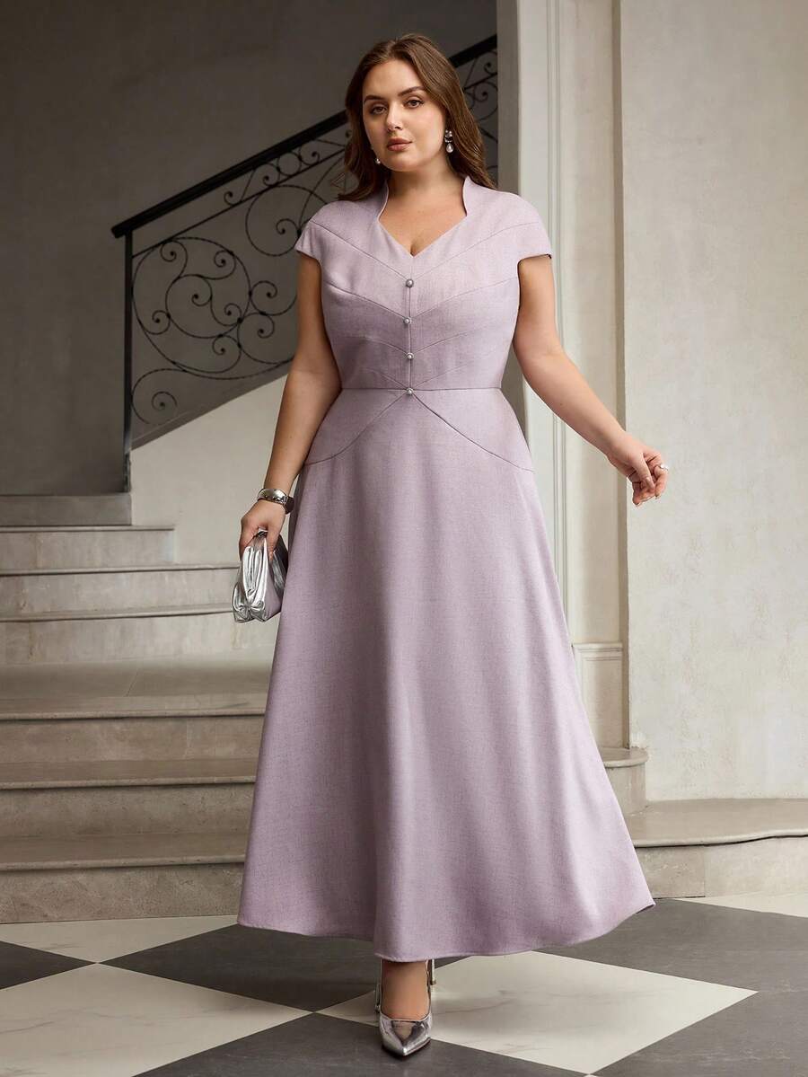 ZEYLAH 镶钻纽扣优雅短袖收腰中长连衣裙 - 淡紫色 - 查看 1