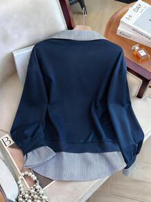 Resyla 女士长袖领条纹拼接卫衣 - 寶藍色 - 查看 2