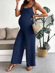 SHEIN Maternity Solid Color Ribbed Casual Wide Leg Jumpsuit - Navy Blue - View 6