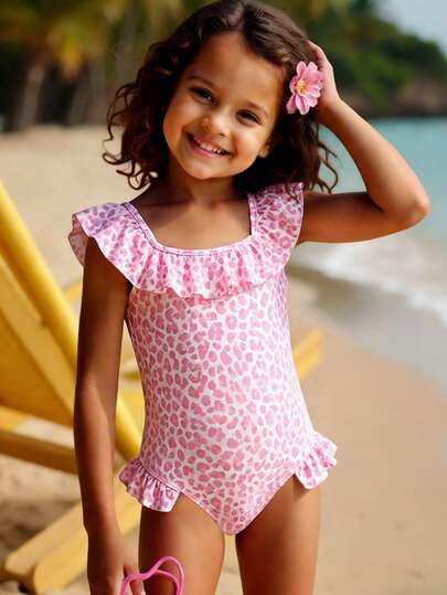 Girls' Swimsuit Young Girls One Piece Young Girls One-Piece Swimsuit Cute Pink And White Leopard Print Knit Fabric One-Piece Back Cross Suspender Ruffle Edge One-Piece Suspender Triangle Pants Fashionable Casual Exquisite Ladies Suitable For Swimming Suitable For Summer Vacation Beach Beach Swimming Pool Summer Party Leisure Vacation One Piece Bathing Suit Kids Pink Girls Ruffle Swimsuit Bathing Suits For Girls Ruffle